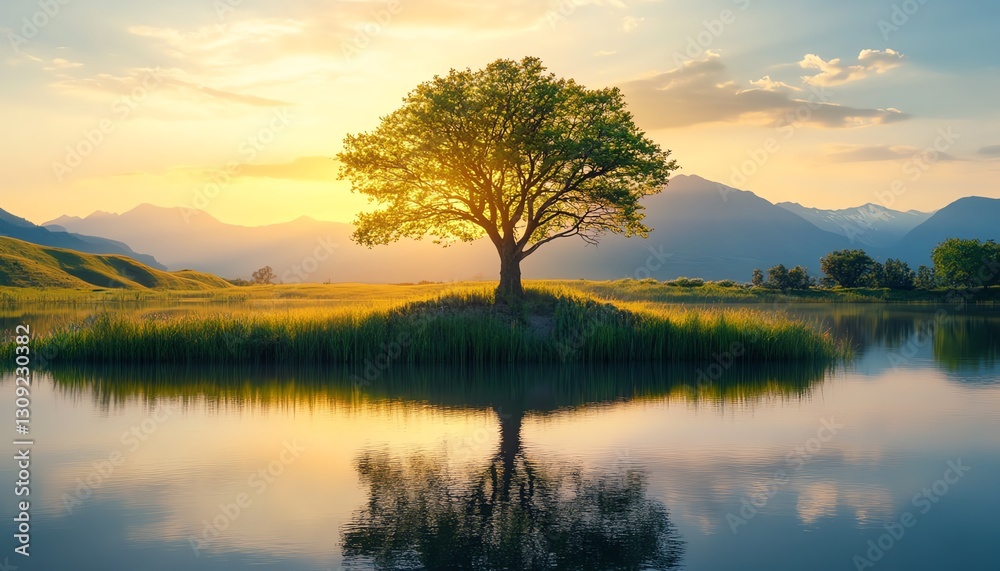Lone tree on an island in a serene lake at sunset, calm water reflecting vibrant sky and mountains, peaceful New Zealand landscape, ideal for nature lovers and travel enthusiasts Lone tree on an island in a serene lake at sunset, calm water reflecting vibrant sky and mountains, peaceful New Zealand landscape, ideal for nature lovers and travel enthusiasts