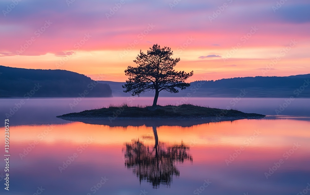 Fototapeta premium Lone tree on an island in a calm lake at sunset, reflecting a colorful sky and mountains, peaceful New Zealand landscape, ideal for nature lovers and travel photography