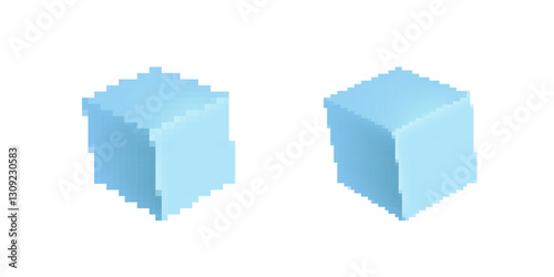 Two light blue cubes challenge perception with their identical shapes, appearing deceptively unequal.