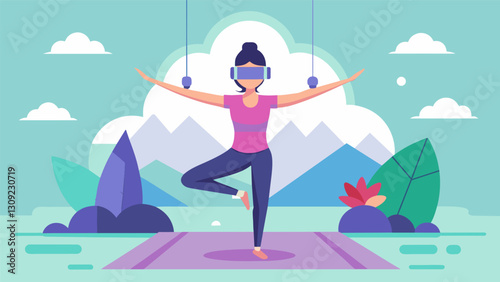 When practicing aerial yoga in virtual reality every movement feels effortless and weightless.. Vector illustration