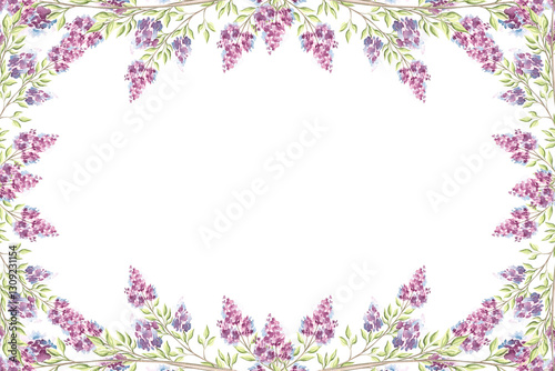 Lilac flowers sprigs with green leaves. Postcard template with copy space.Spring syringa horizontal frame, border. Purple blossom of spring. Botanical floral background. Clipart for wedding, textile.