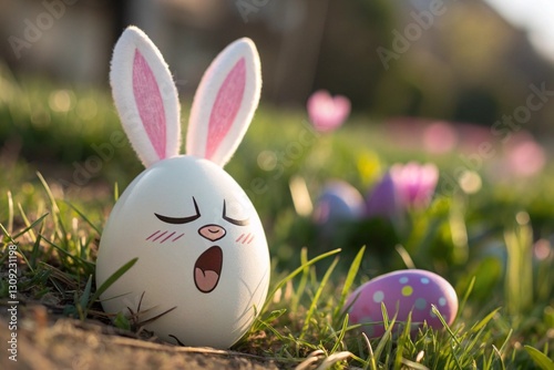 white egg in the grass with cartoon sleepy face and white bunny ears