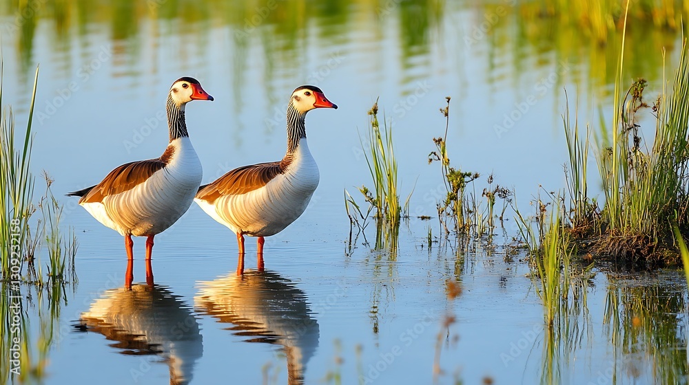 Obraz premium Two geese stand in shallow water with grassy vegetation in blurred background