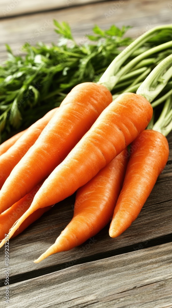 Freshly harvested orange carrots arranged on rustic wooden surface with green tops still attached in a rural setting Freshly harvested orange carrots arranged on rustic wooden surface with green tops still attached in a rural setting