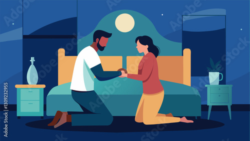 In the quiet of the early morning the couple kneels by their bed holding onto each other as they begin their day with prayer.. Vector illustration