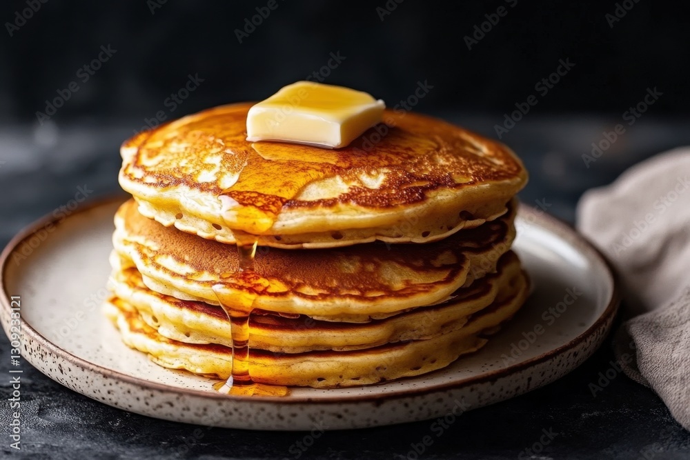 Delicious stack of fluffy pancakes with butter and syrup fastfood dining experience indoor setting close-up view comfort food concept for food lovers Delicious stack of fluffy pancakes with butter and syrup fastfood dining experience indoor setting close-up view comfort food concept for food lovers