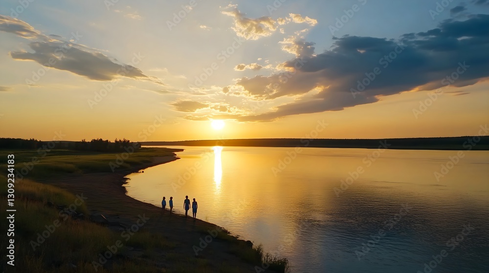 Obraz premium Silhouettes of people watching sunset over calm lake. Golden hour landscape. Tranquility and contemplation concept. Summer vacation, outdoor recreation, mental health awareness. Horizontal banner
