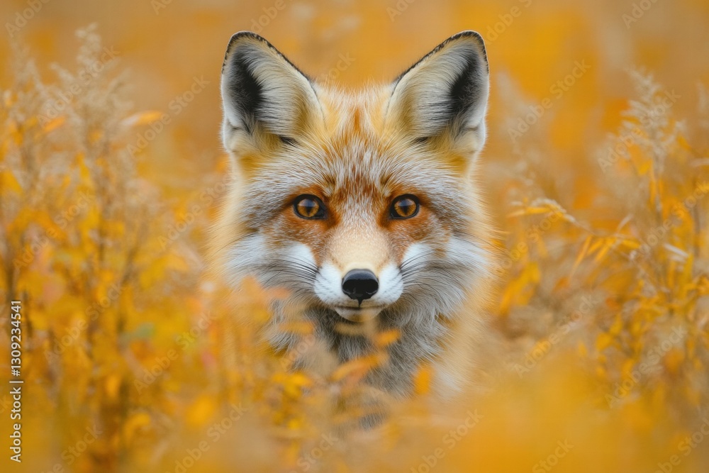 Fototapeta premium Red fox in golden autumn field staring ahead