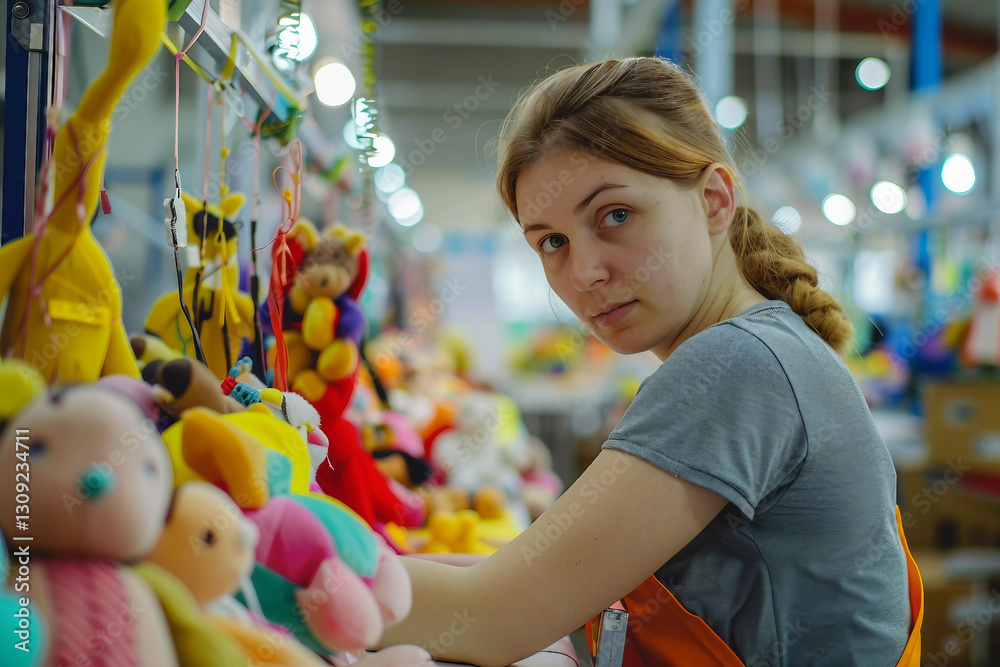 Fototapeta premium Production of new toys at the factory, woman create toys generative AI