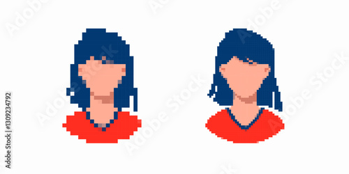 Two pixel art portraits of a character featuring short blue hair and wearing a red top.