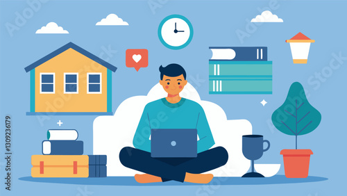 An individual sitting in a cozy home office surrounded by online course materials and a cup of coffee representing the ease and costeffectiveness of. Vector illustration