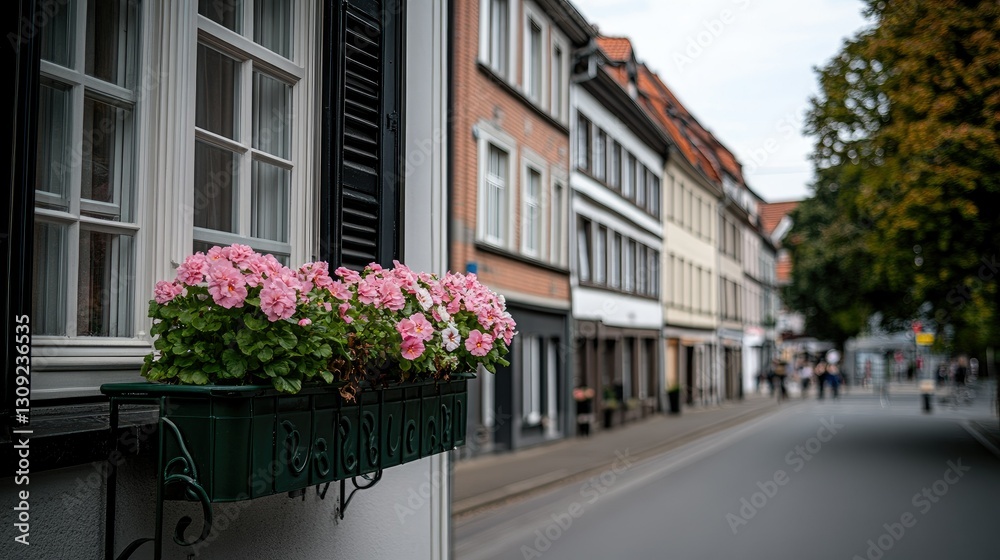 Colorful flowers blooming in a window box bring a beautiful charm to a picturesque street in a quaint European town during the daytime Colorful flowers blooming in a window box bring a beautiful charm to a picturesque street in a quaint European town during the daytime