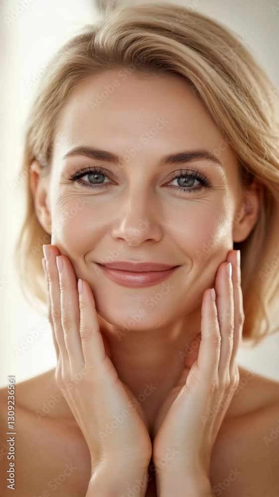 Radiant Woman with Healthy, Glowing Skin Gently Touches Her Face, Embracing Natural Beauty and Self-Care Radiant Woman with Healthy, Glowing Skin Gently Touches Her Face, Embracing Natural Beauty and Self-Care