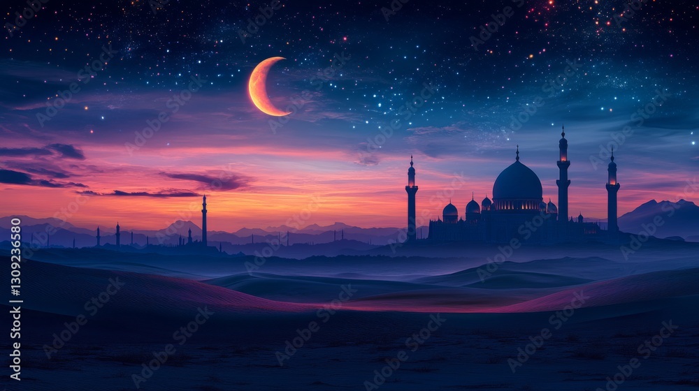 Obraz premium Night Scene of Mosque Silhouette Against Starlit Sky
