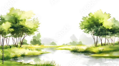 Serene Watercolor Landscape Tranquil River and Lush Green Trees