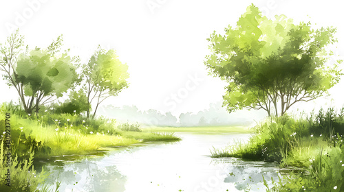 Serene Lakeside Summer Landscape Watercolor Painting of Tranquil Nature Scene