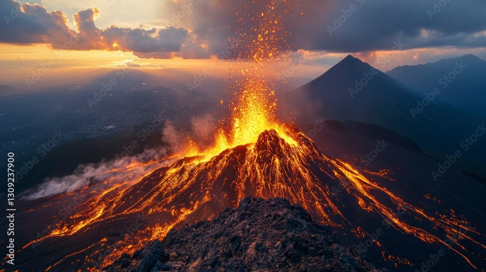 Fototapeta premium Volcanic activity is on full display as lava streams down the slopes, with an impressive ash cloud billowing into the sky during sunset. The surrounding peaks enhance the dramatic landscape