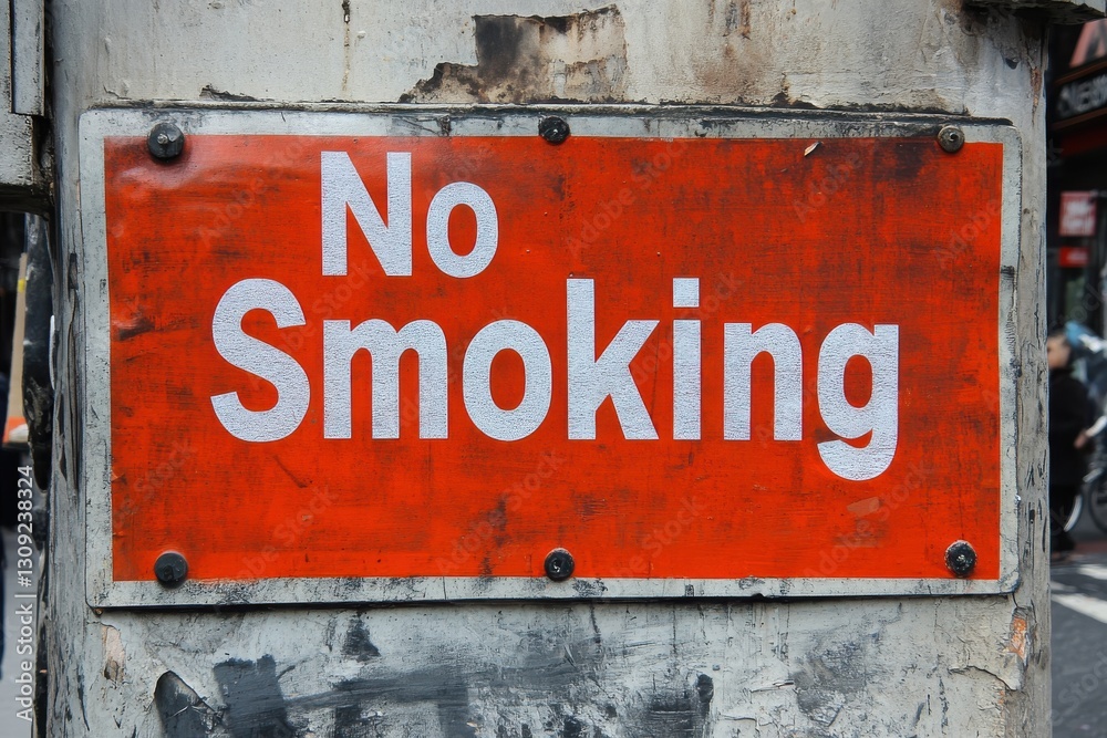 Bright Red Warning Sign Indicating No Smoking in Urban Area Bright Red Warning Sign Indicating No Smoking in Urban Area