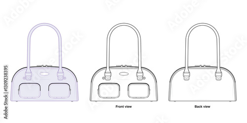 Rounded Pocket Shoulder Bag Technical Fashion Illustration. Arch-Shaped Handbag Vector Template. Dual Top Handles. Functional Front Pockets. Classic and Versatile. Women’s Accessories. CAD Mockup set.