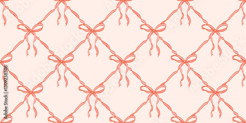 Pink vintage ribbon bows seamless pattern with elegant lattice design. Ideal for fabric, gift wrap, wallpaper, stationery, fashion design, branding, digital paper, romantic-themed projects.