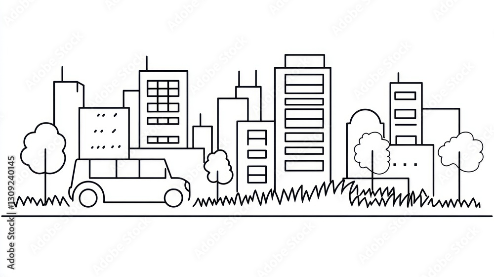 Naklejka premium Simple line drawing city landscape with car and trees. Possible use educational material or illustration