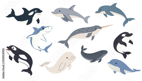 A set of aquatic animals. Ocean aquatic animals. Orca, whale, dolphin, narwhal, shark and beluga. Flat vector set. Cute style