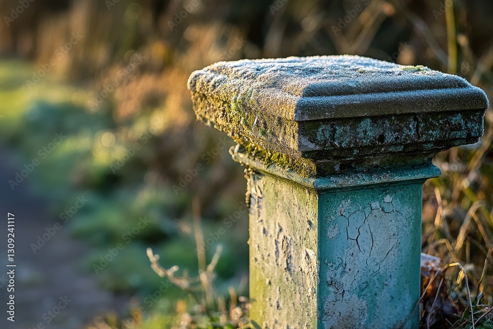 Fototapeta premium Frosty Stone Pillar in Nature with Morning Light and Vegetation