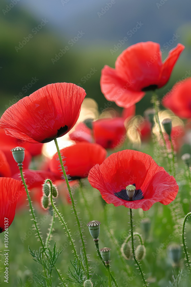 Obraz premium Vibrant Red Poppies Blooming in a Lush Green Field Under Soft Sunlight - A Stunning Display of Nature's Beauty