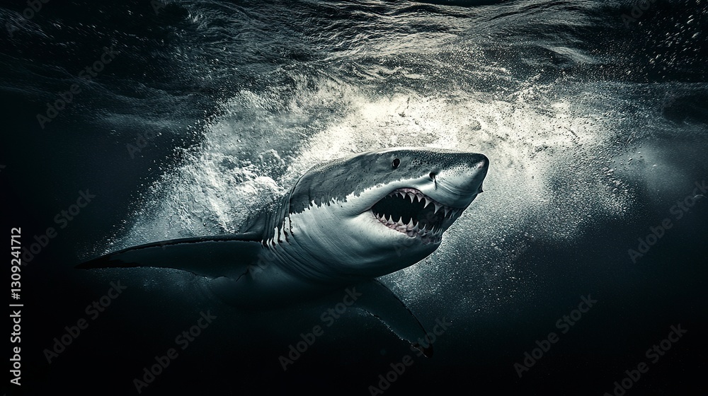 Naklejka premium A terrifying great white shark attack, its powerful body surging through the water, jaws gaping with deadly teeth, dark ocean depths behind, high-intensity underwater shot 
