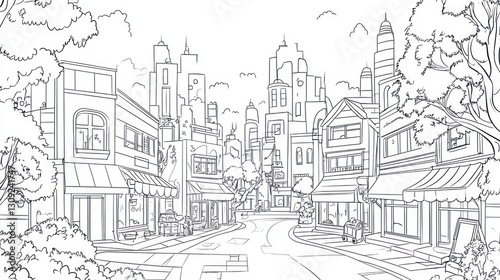 City street scene drawing, urban landscape, line art, background