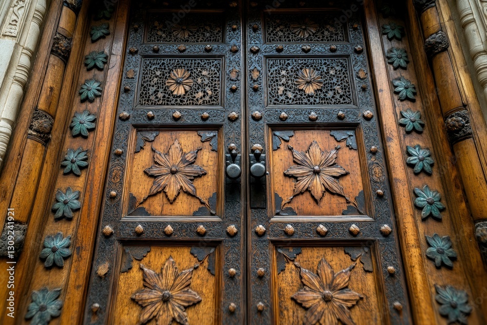 Ornate wooden doors detailed carvings flowers Ornate wooden doors detailed carvings flowers
