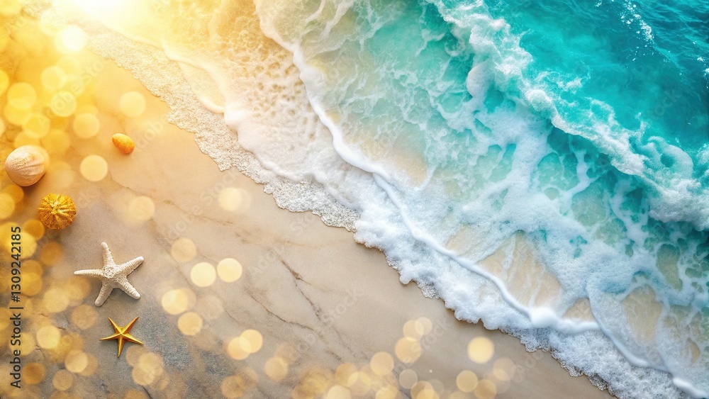 Naklejka premium Beach Breeze Flat Lay: Marble Texture & Coastal Summer Vibes