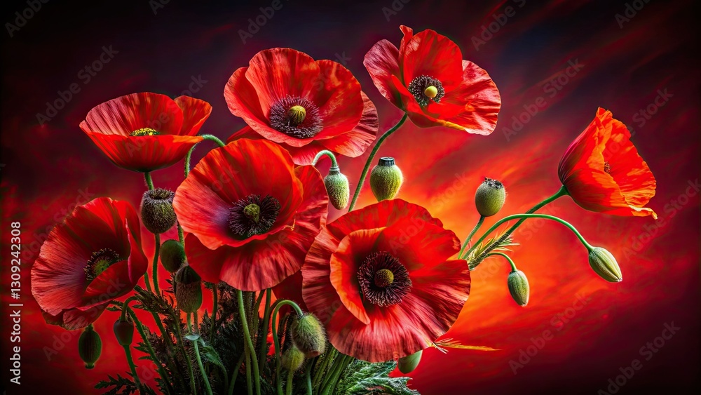 Fototapeta premium Bold red poppies, sharply focused, create a stunning architectural floral still life.
