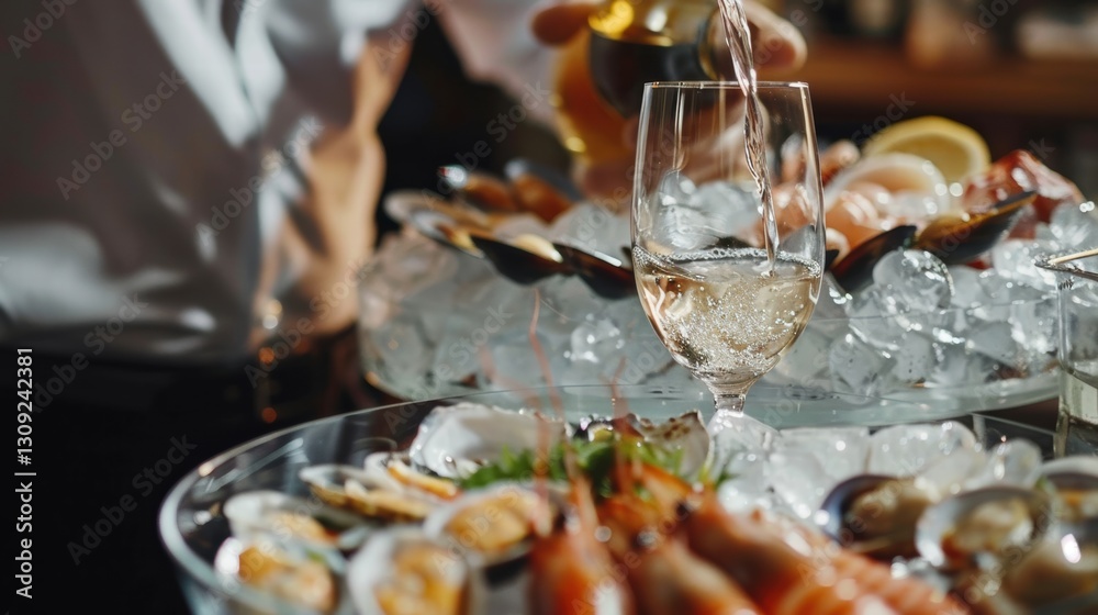 Elegant waiter setting a seafood dish with fine details in a premium restaurant. Elegant waiter setting a seafood dish with fine details in a premium restaurant.