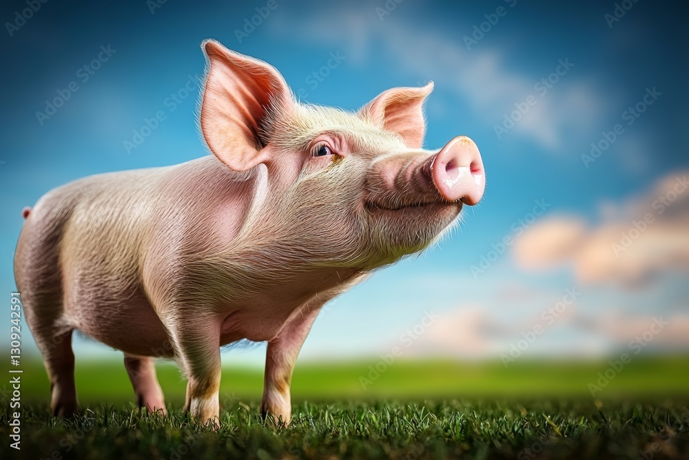 A pink pig standing outdoors on a green grass field under a clear blue sky with fluffy clouds, conveying joy and natural beauty. A charming and endearing farm animal in nature.