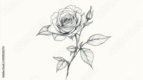 Fototapeta Naklejka Na Ścianę i Meble -  A timeless rose tattoo in elegant outline form, intricate yet simple black ink floral design, soft curved lines on a white background, artistic and refined. 