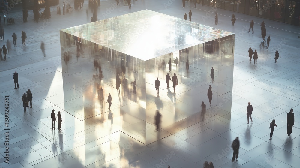 Obraz premium Glass cube structure people square. Reflective surface sunlight. AI generated AI generated