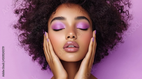 African female with vibrant purple makeup and curly hair on a pastel pink background