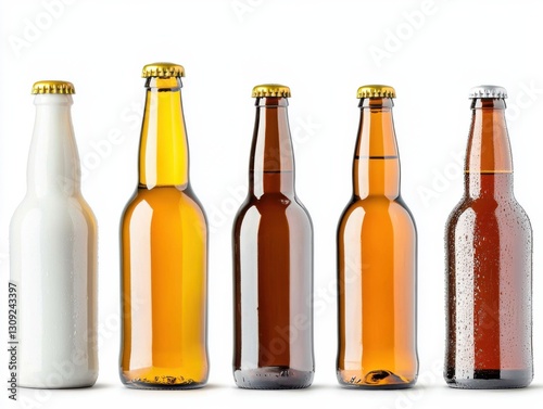 Assorted beer bottles collection with different colors and caps