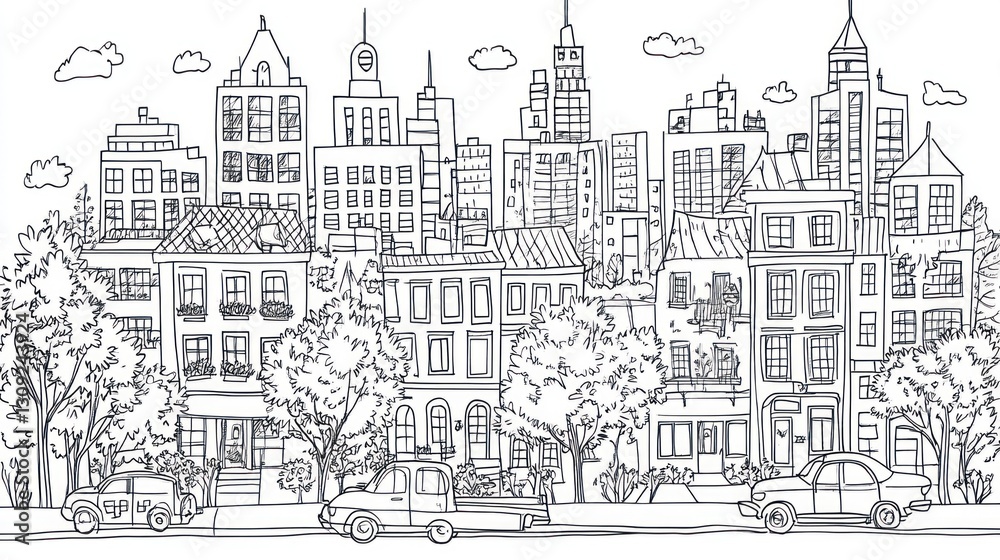 Cityscape line drawing, urban sketch, buildings, trees, vehicles Cityscape line drawing, urban sketch, buildings, trees, vehicles