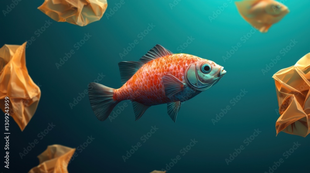 Fototapeta premium Ocean conservation pollution research concept. A vibrant goldfish swims among crumpled brown paper, creating a unique underwater scene that highlights contrast and texture.