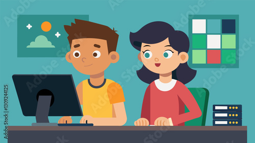 With serious expressions two young animators work in tandem on a stopmotion animation using paper outs and a simple video editing software.. Vector illustration
