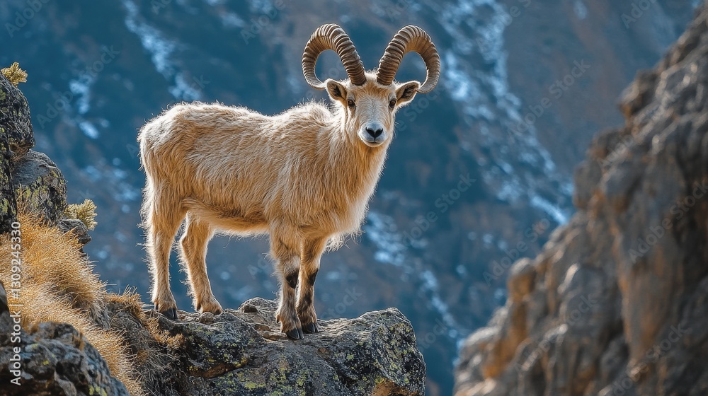 Obraz premium High altitude landscape majestic mountain goat on rocky outcrop - animal photography