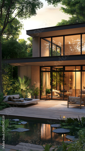 A modern house with large windows and a wooden terrace
