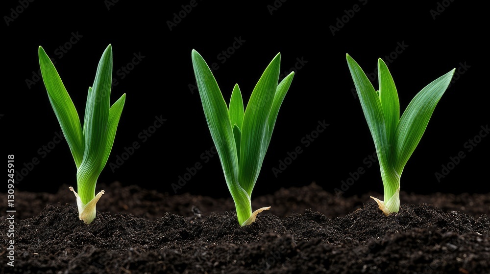 Healthy green seedlings emerging from dark soil in a close-up view, showcasing growth and vitality in nature’s cycle
