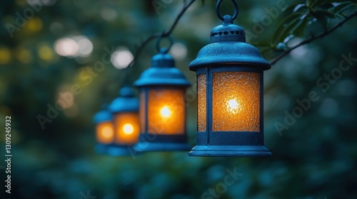 Wallpaper Mural Glowing lanterns hanging on tree branch, evening garden, romantic ambiance, ideal for wedding invitations Torontodigital.ca