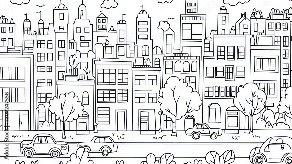 Fototapeta premium Cityscape Line Drawing Coloring Book, Urban Background, Black and White, Printable