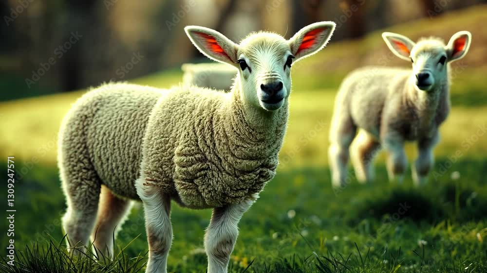 Two adorable lambs explore a vibrant green meadow while enjoying a sunny spring afternoon together Two adorable lambs explore a vibrant green meadow while enjoying a sunny spring afternoon together