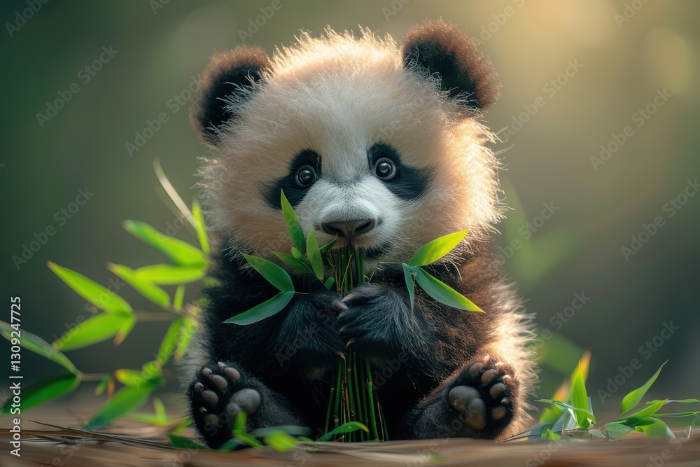 Fototapeta premium Adorable baby panda enjoying a delicious bamboo snack.