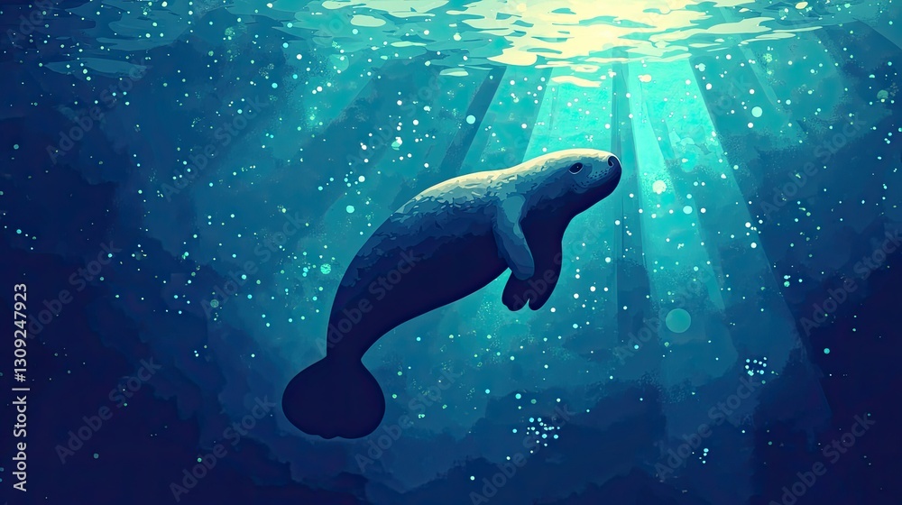 A charming vector illustration of a manatee silhouette swimming gracefully in calm ocean waters. A charming vector illustration of a manatee silhouette swimming gracefully in calm ocean waters.